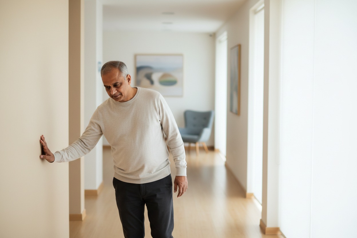 An older man in a light-colored sweater and dark pants walks down a bright hallway, steadying himself with his hand against the wall.