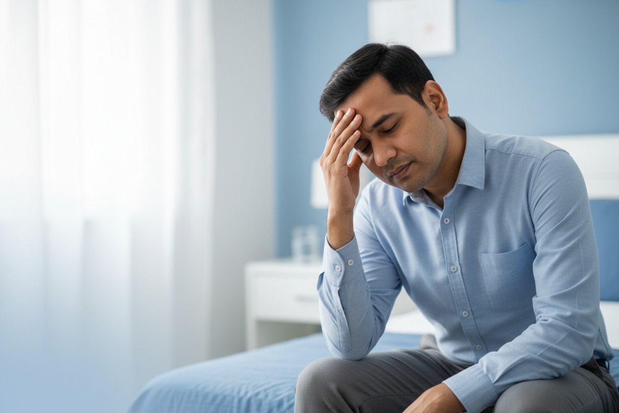 A man in a light blue shirt sits on a bed, holding his head with his hand in distress.